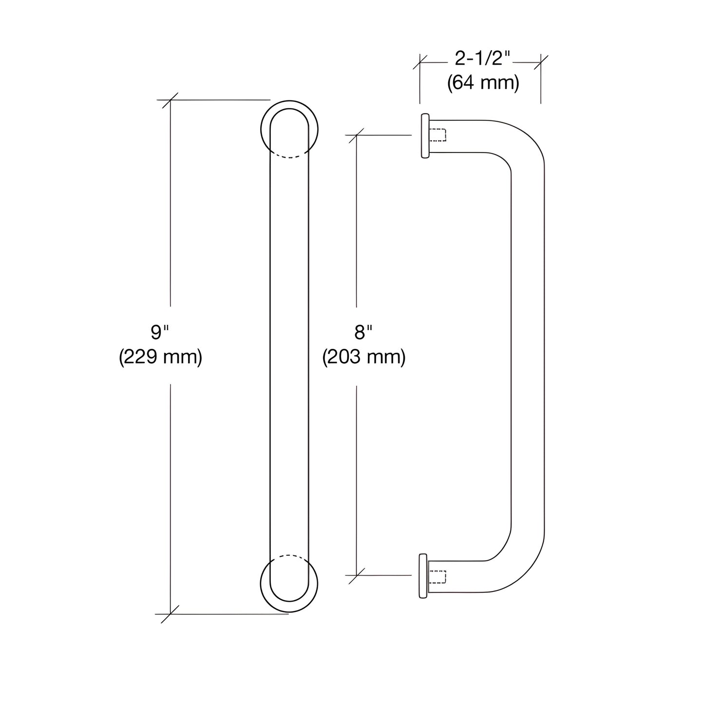 Brushed stainless steel 1" door pull handle, 8" center-to-center (SKU CM8BS), tubular curved design.