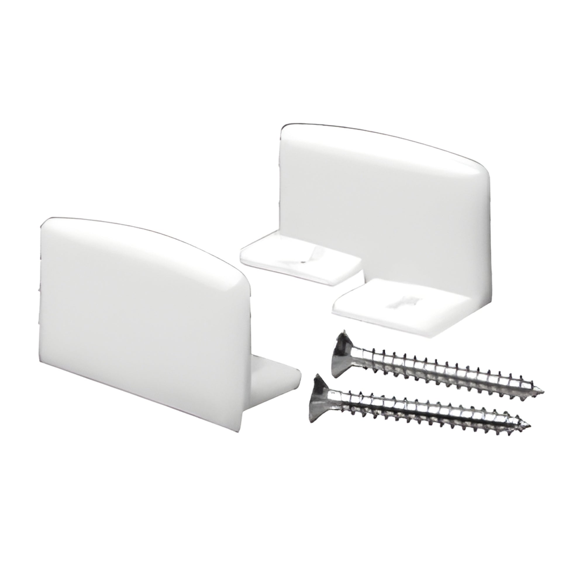 CRL3938 white nylon adjustable bottom guides for 8-12mm tempered glass doors, shown with two mounting screws.