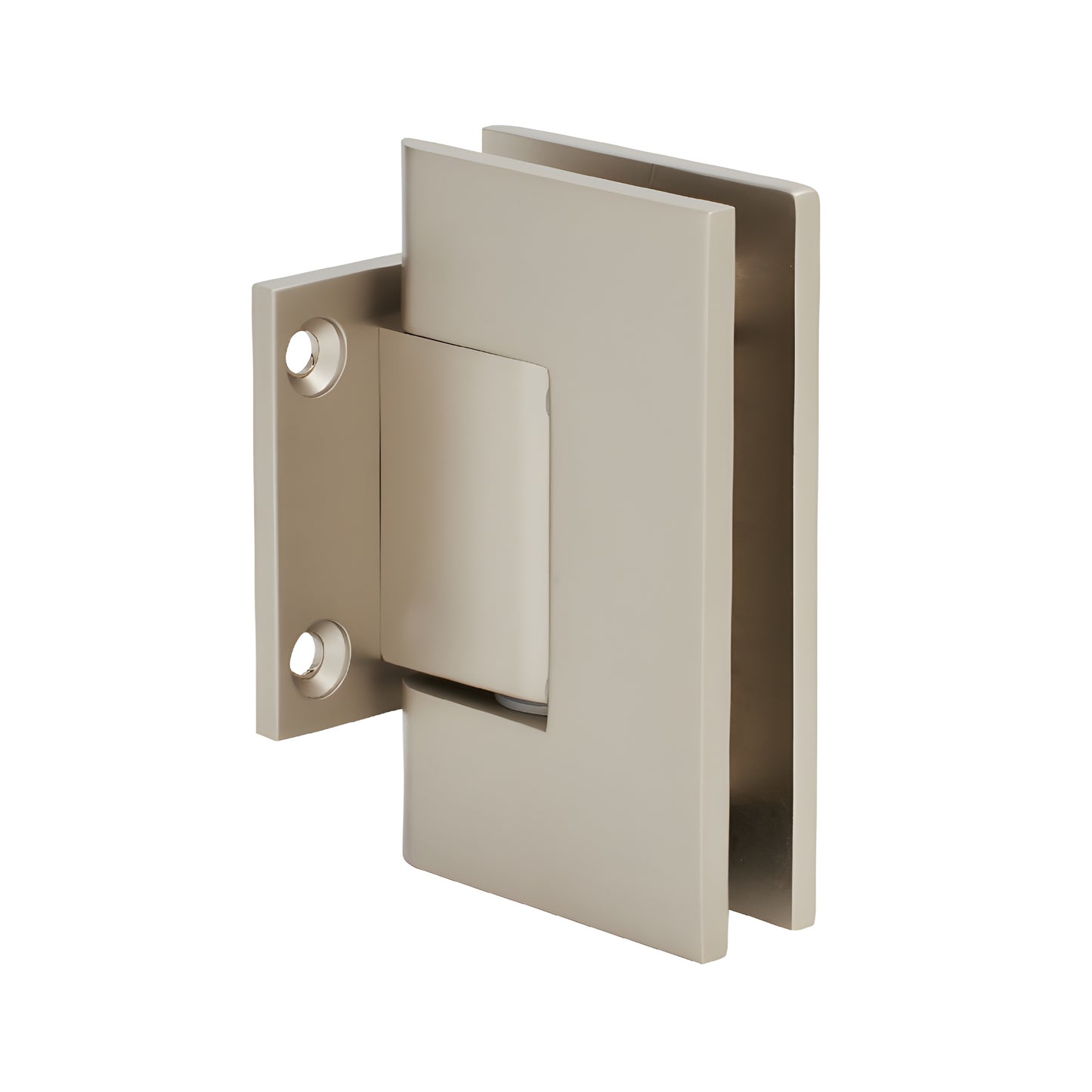 Satin nickel Geneva shower door hinge, short wall-mount back plate for 8-12mm tempered glass, solid brass.