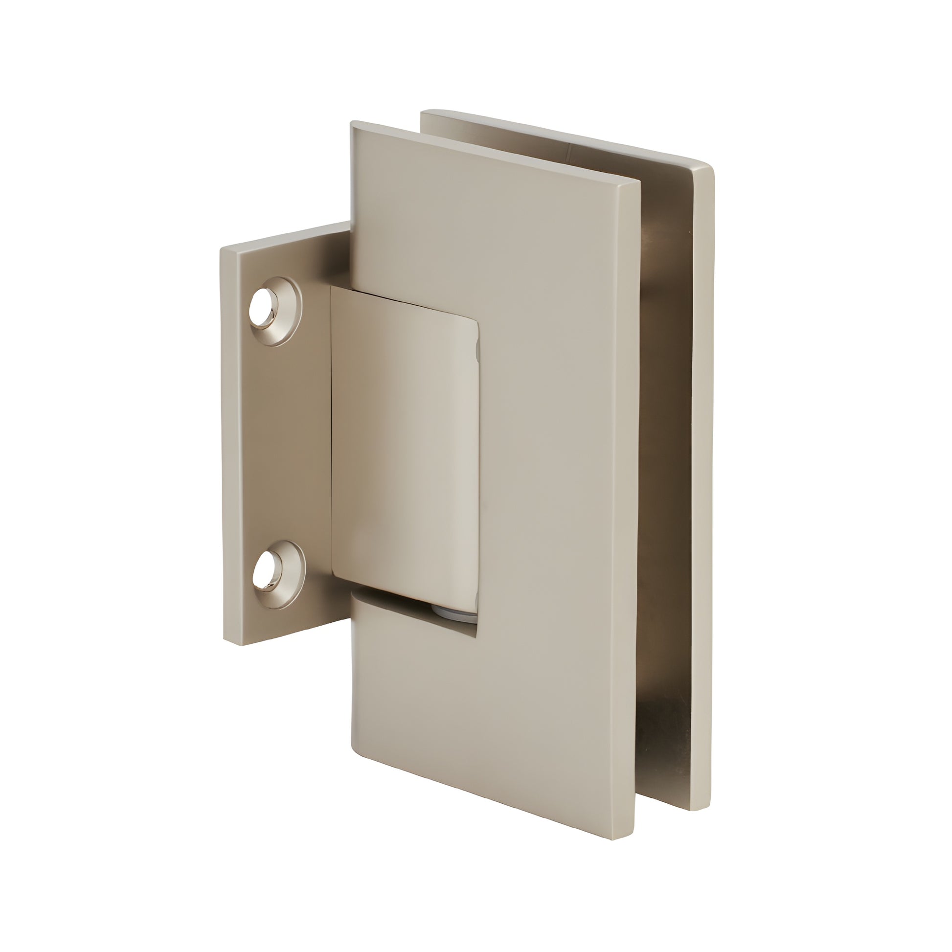 Satin nickel Geneva shower door hinge, short wall-mount back plate for 8-12mm tempered glass, solid brass.