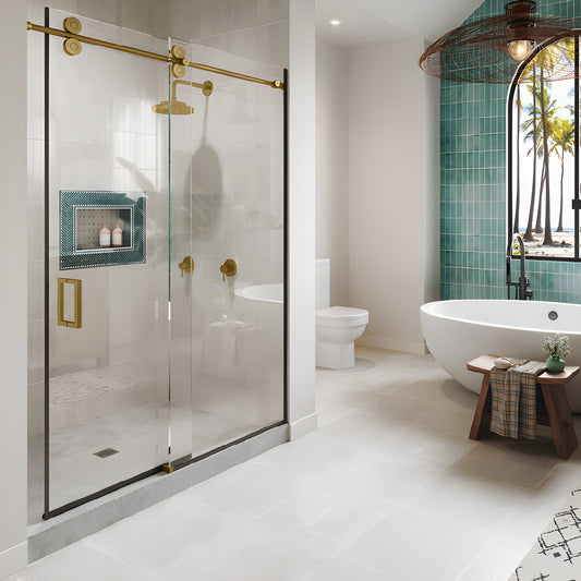 CRE78SB Crescent frameless sliding shower hardware in satin brass - top round rollers and header on clear glass.