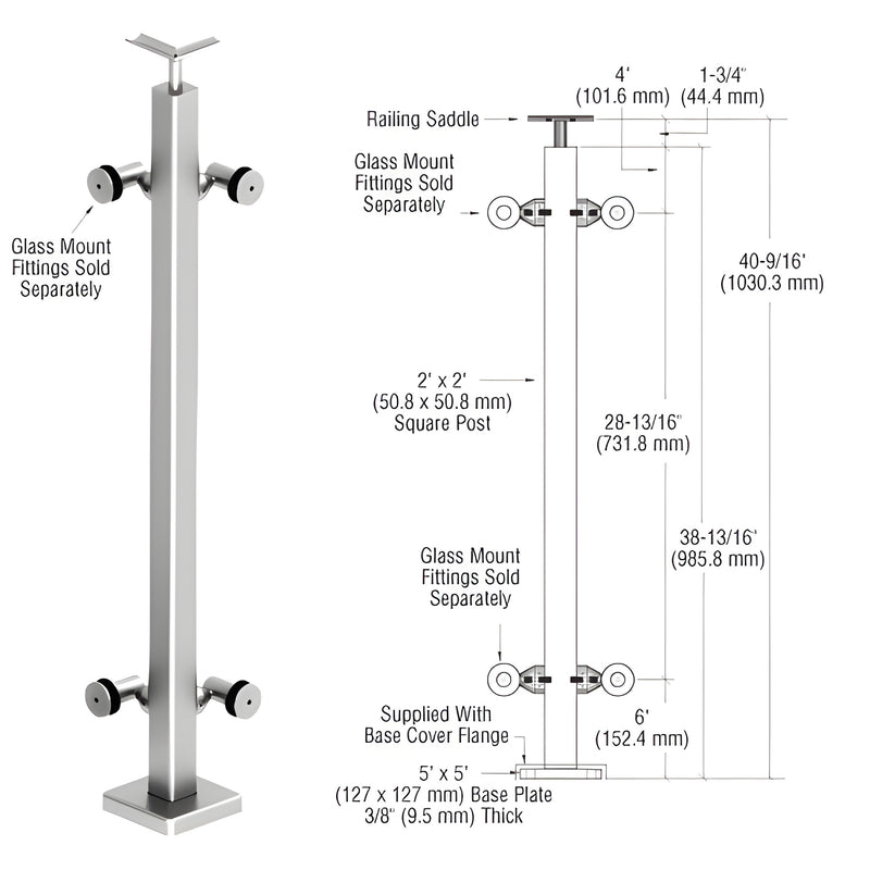 P142LPS polished 316 stainless 2x2 in surface-mounted square post railing kit with 5x5 base plate.