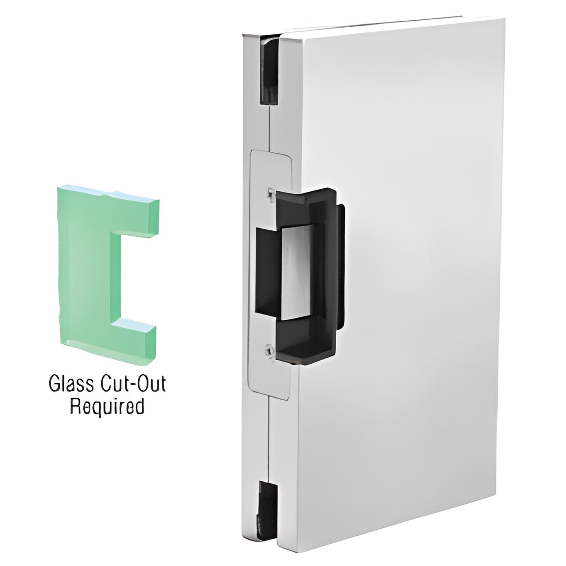 DLER610SC satin-anodized center glass keeper with 24V deadlatch strike; glass cut-out required