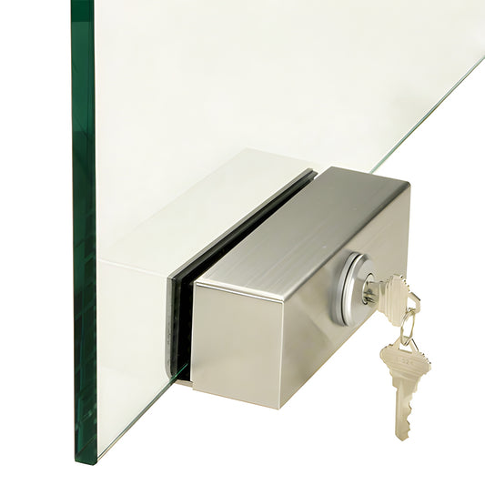 Brushed stainless slip-on lock for 1/2 (12mm) tempered glass sliding door, cylinder lock shown with keys.