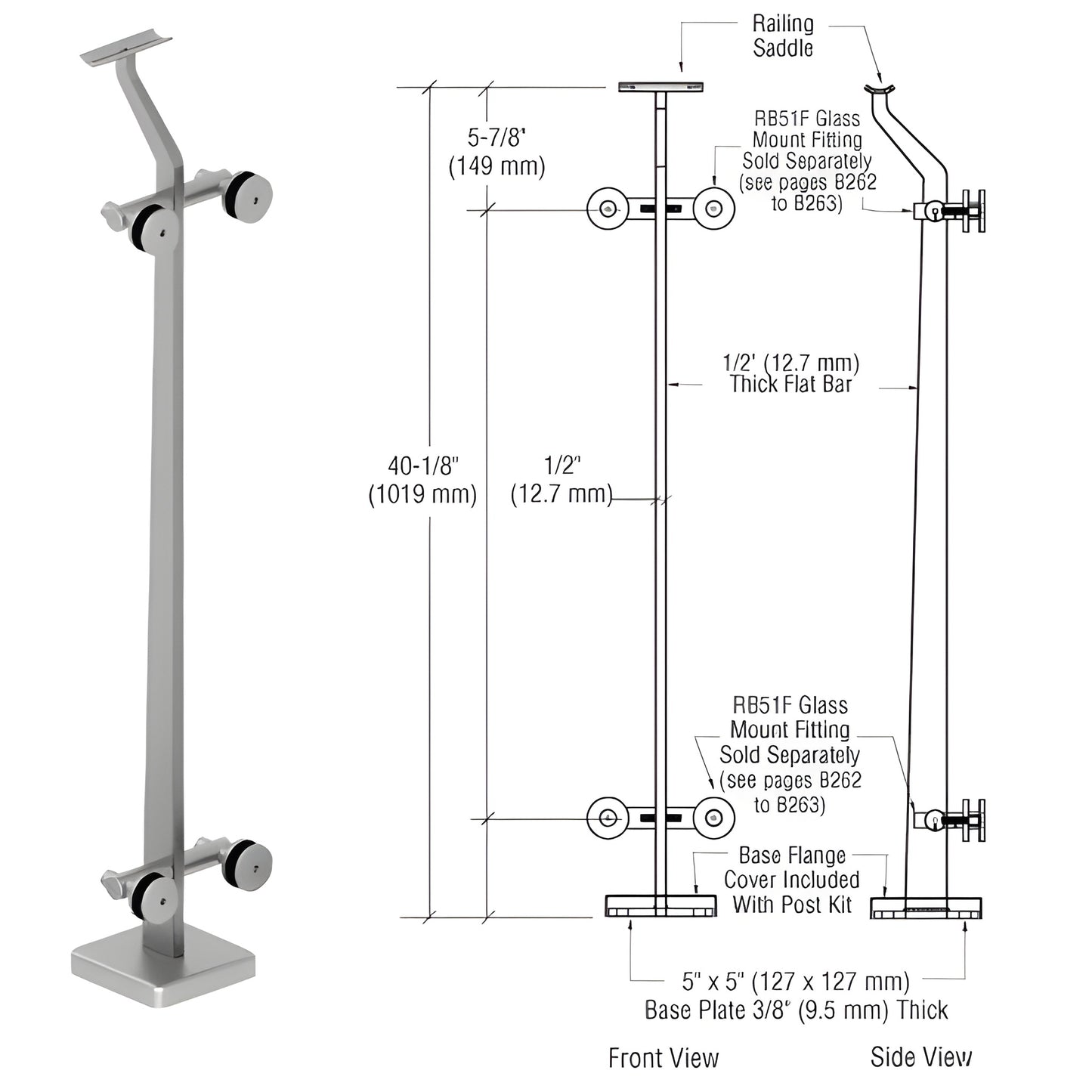 Stainless steel P5 glass railing post with base plate and glass mounts, SKU P542CBS