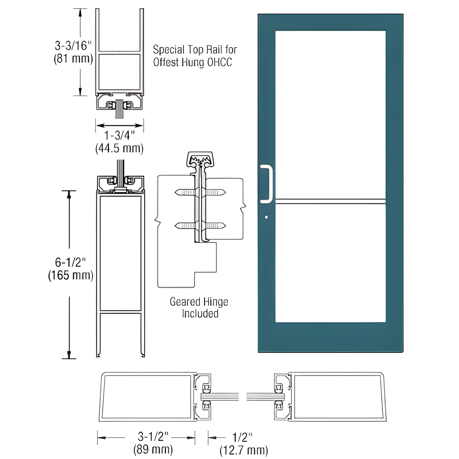 DC41971 teal Custom Kynar medium-stile commercial entrance door diagram, hardware and rail measurements shown.
