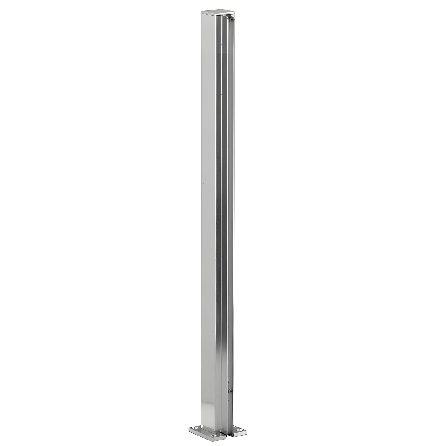 Brite-anodized aluminum square end post with full-length U-channel for 1/4 glass, 30 height, flat cap and base.