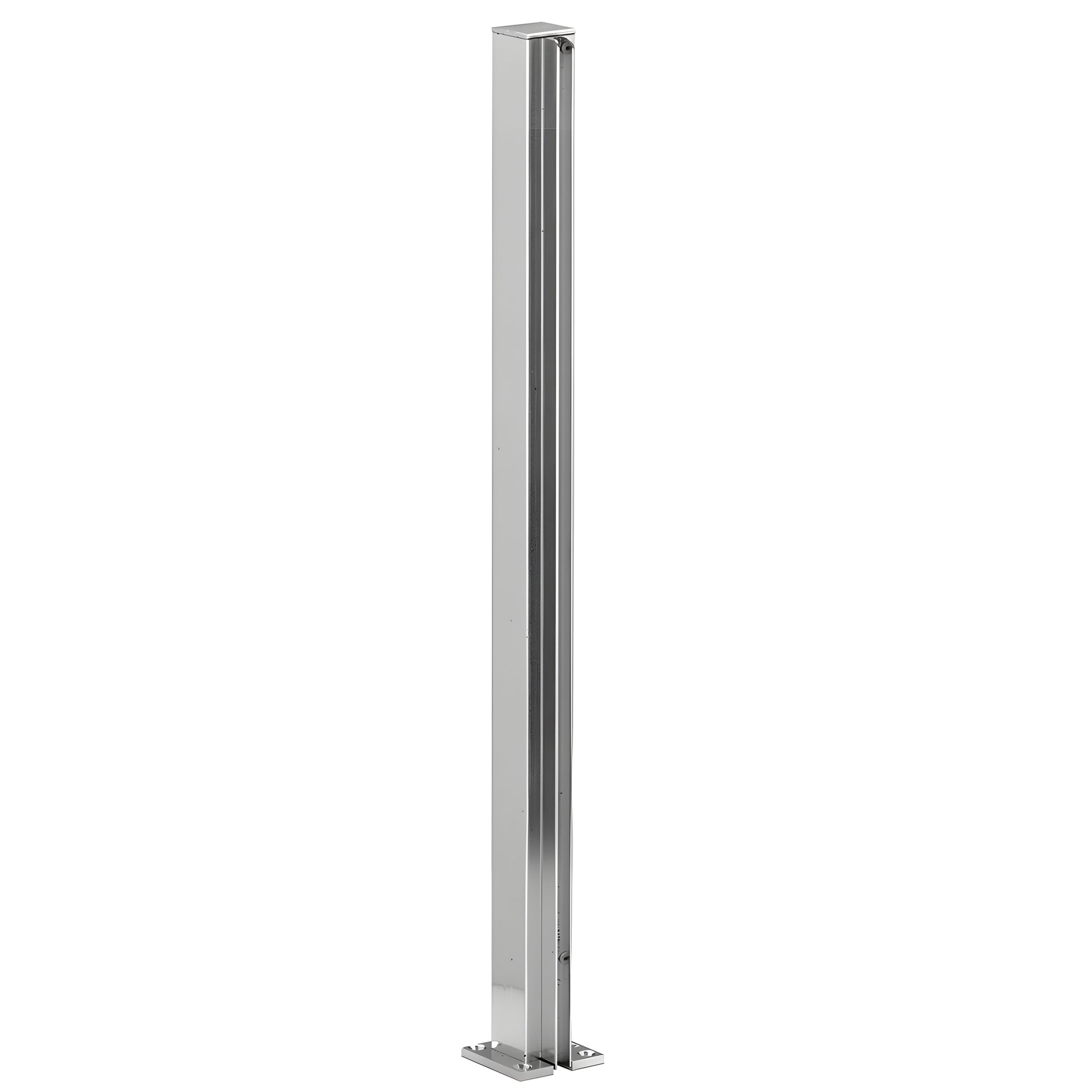 Brite-anodized aluminum square end post with full-length U-channel for 1/4 glass, 30 height, flat cap and base.