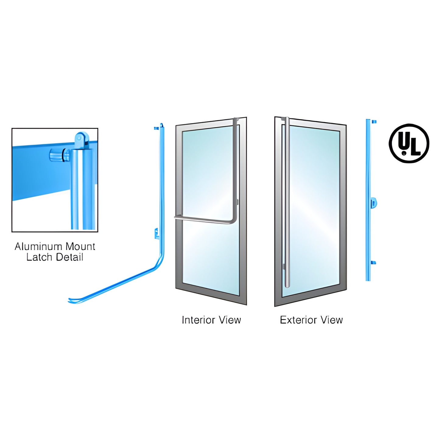 PA100FS3AKPT tubular panic handle for 1/2 or 3/4 in tempered glass doors, interior and exterior views