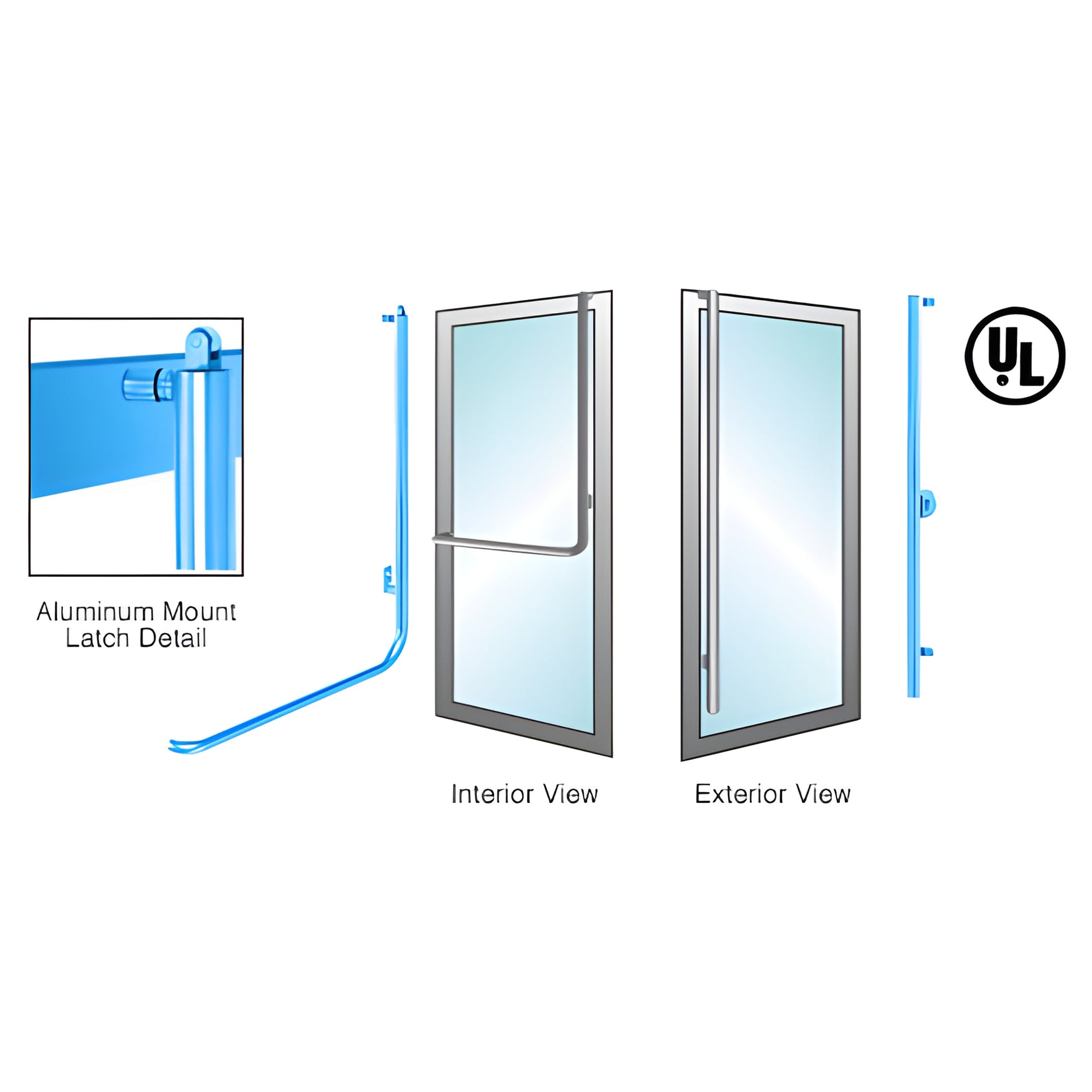PA100FS3AKPT tubular panic handle for 1/2 or 3/4 in tempered glass doors, interior and exterior views
