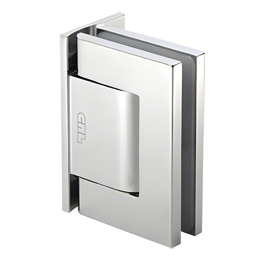 Polished chrome oil dynamic wall mount self closing glass door hinge H8011CH - 90 swing, hold open and adjustable closing sp