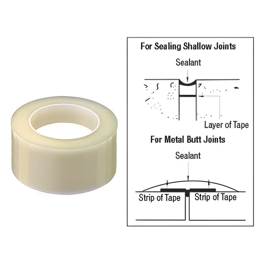 Clear CRL Bond Breaker Tape roll (SKU 827T2) next to diagram showing use in shallow joints and metal butt joints.