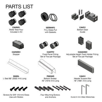 Frameless sliding glass shower system (SKU CAV78SB) with satin brass top rail, stainless hardware and clear tempered panels