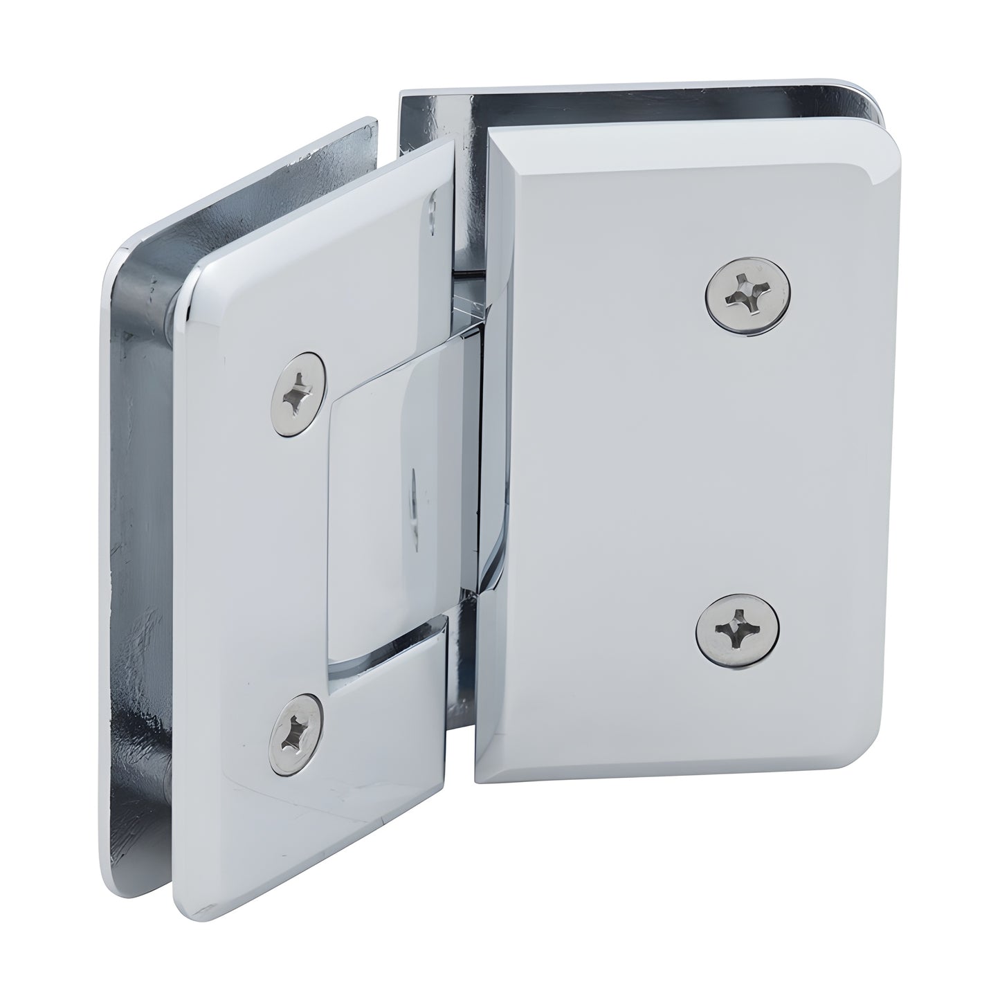 C0L045CH polished chrome beveled glass-to-glass shower hinge, solid brass, self-centering, 135 angle.