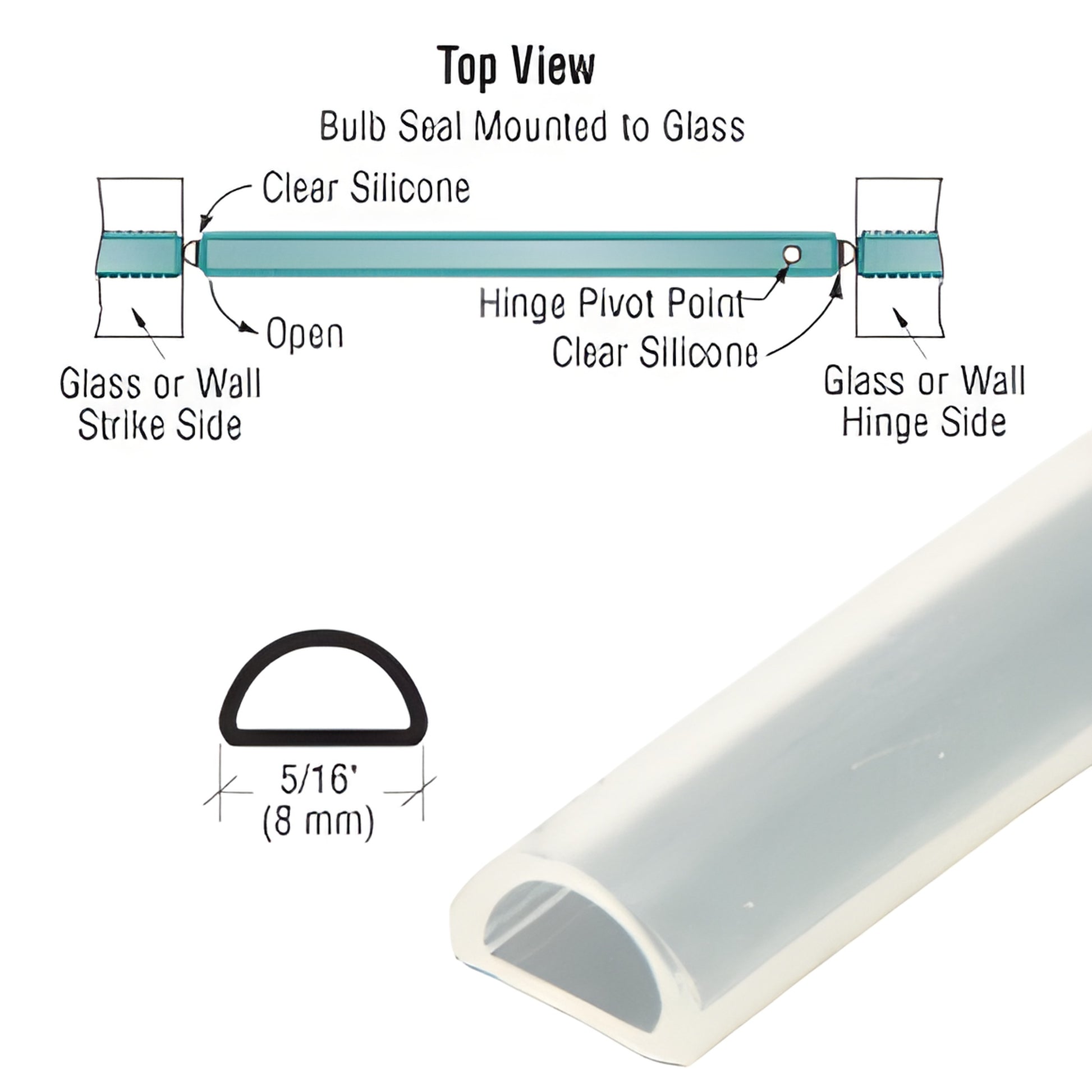 S1LB translucent silicone bulb seal for glass doors, D-shaped 5/16" (8mm), 95" length, clear silicone mount (no tape)