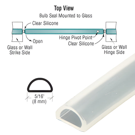 S1LB translucent silicone bulb seal for glass doors, D-shaped 5/16" (8mm), 95" length, clear silicone mount (no tape)