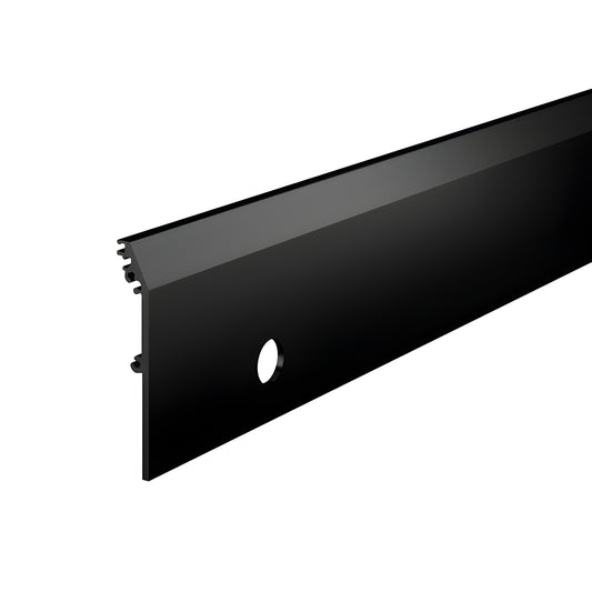 Matte black 4-inch tapered aluminum DRX door rail side cover with mortise lock cylinder hole, SKU DRXSC4TMBLL