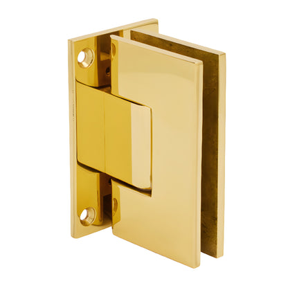 Polished brass Vienna shower door hinge (SKU V1E537BR), solid brass squared design for 10-12mm glass, wall mount.
