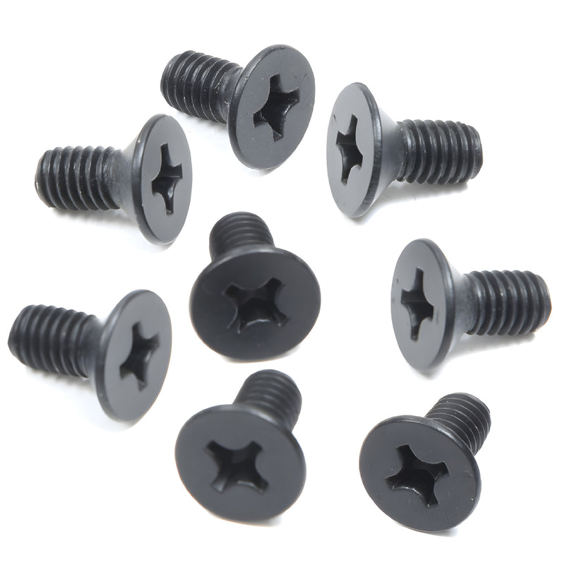 Matte black M6 x 12mm Phillips flat-head screws, pack of 8. SKU P612MBL
