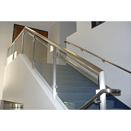 Indoor brushed stainless steel welded post railing with glass infill on staircase, SKU PR1540BS.