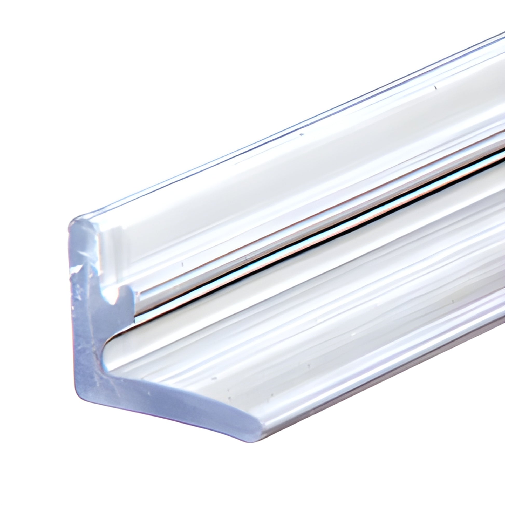 Close-up of clear vinyl L-seal for frameless shower doors (DK80L), 80in peel-and-stick seal with soft bumper