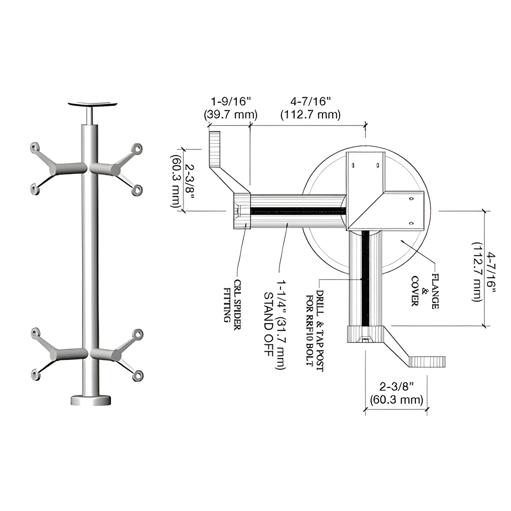 P636LBS brushed stainless steel spider post railing kit - vertical post with four spider glass fittings and dimension drawing