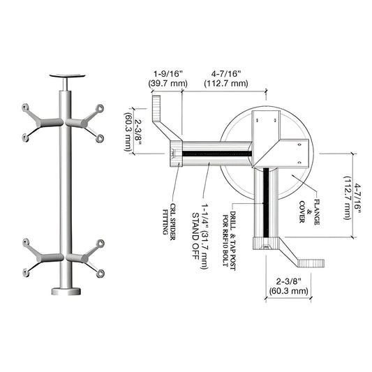 P636LBS brushed stainless steel spider post railing kit - vertical post with four spider glass fittings and dimension drawing