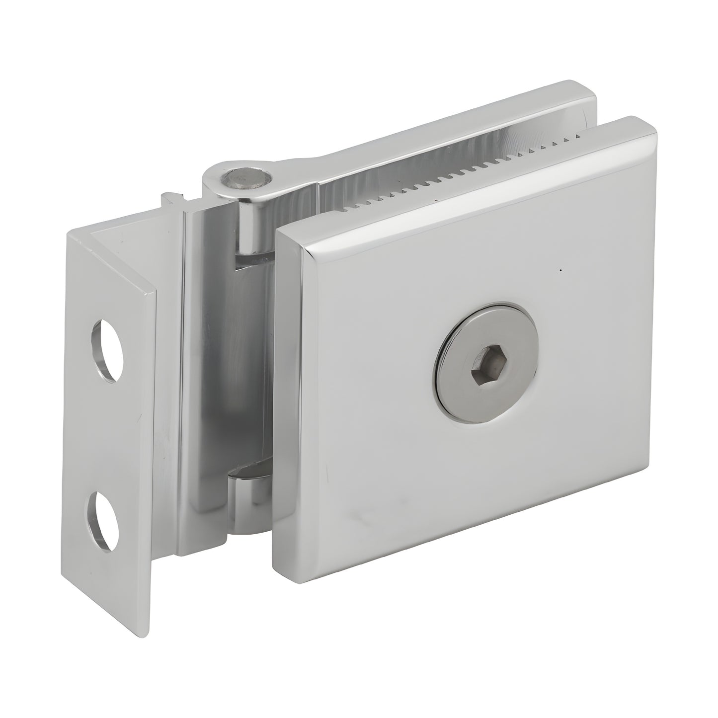 Polished chrome L-plate mini hinge MH1LCH for 1/4 (6mm) tempered glass shower doors, offset back plate