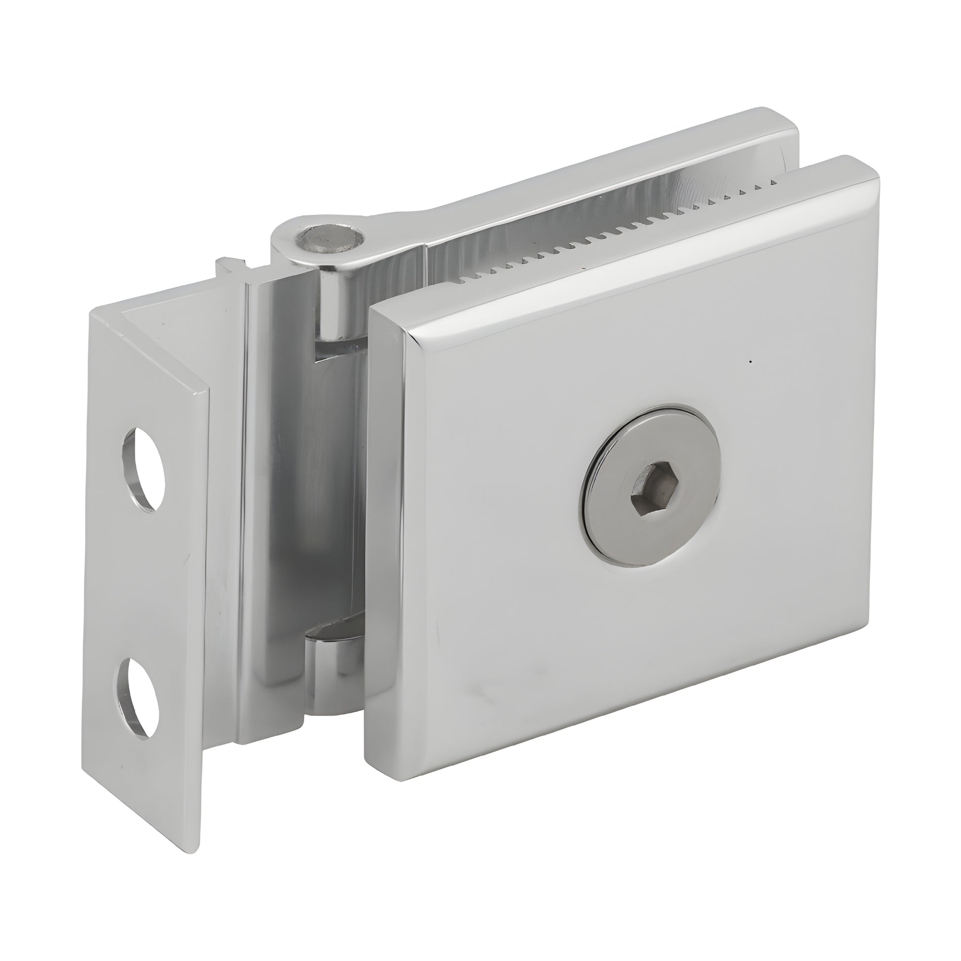 Polished chrome L-plate mini hinge MH1LCH for 1/4 (6mm) tempered glass shower doors, offset back plate