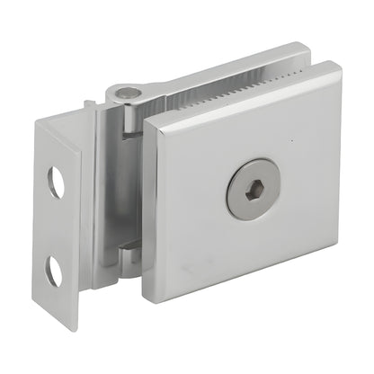 Polished chrome L-plate mini hinge MH1LCH for 1/4 (6mm) tempered glass shower doors, offset back plate