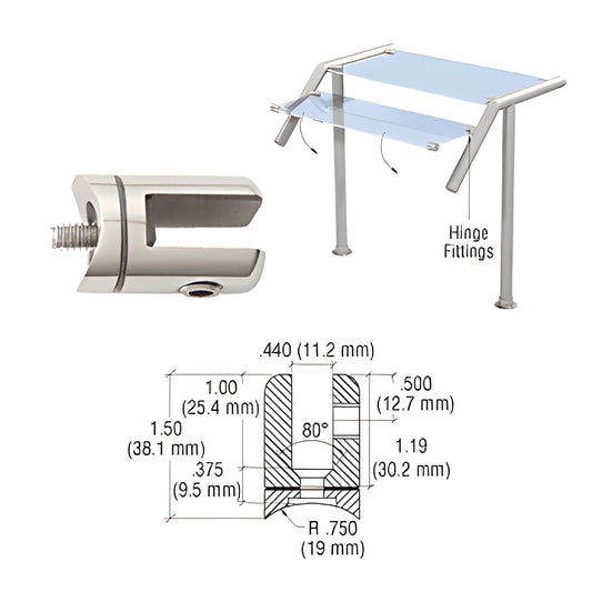 Polished stainless swivel hinge glass fitting SA61PS; mounts to 1-1/2" tubing, holds 6-10mm tempered glass.