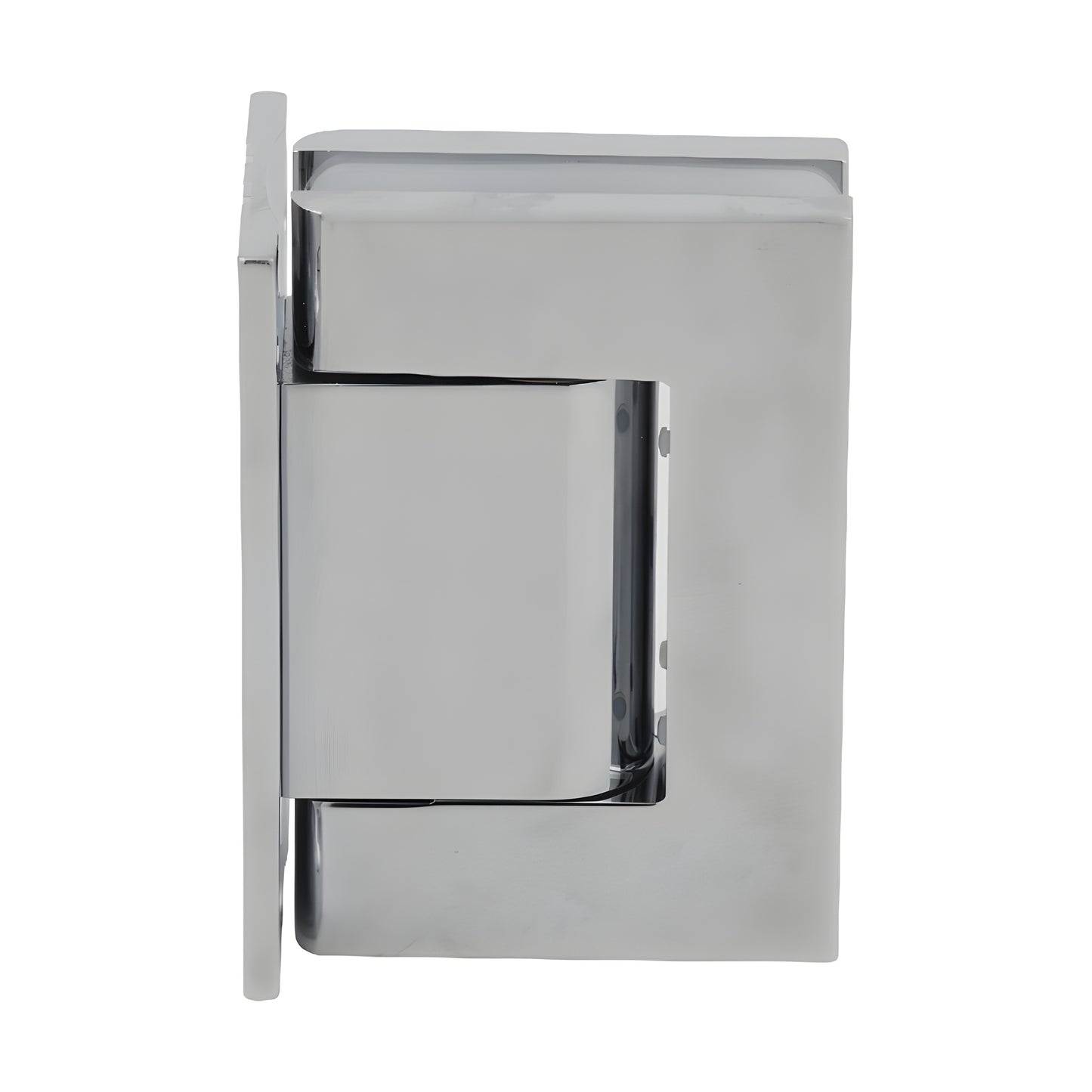 Polished chrome aluminum oil-dynamic full back plate wall hinge for 8-14mm glass doors, self-closing (SKU H8210BTCH)