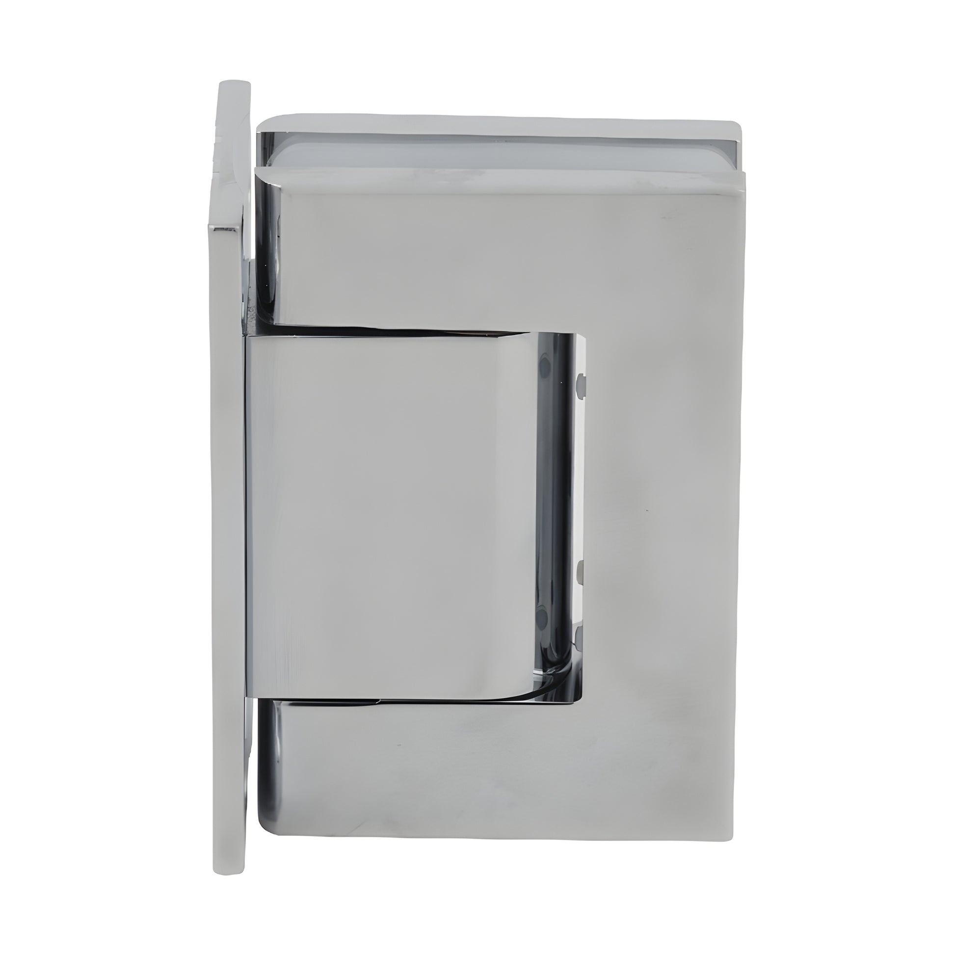 Polished chrome aluminum oil-dynamic full back plate wall hinge for 8-14mm glass doors, self-closing (SKU H8210BTCH)