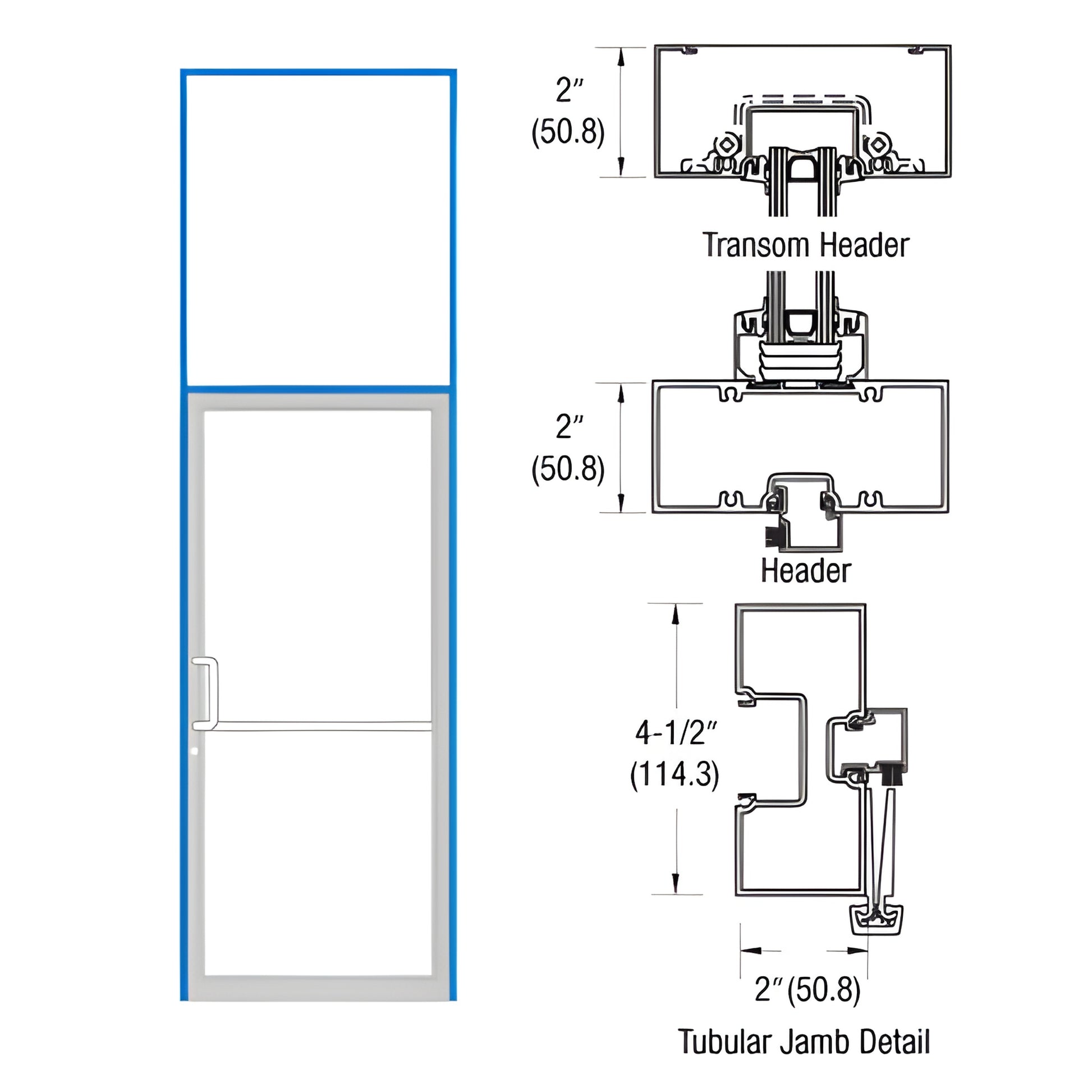 FR91871 gear-hinge transom frame with tubular jambs and aluminum threshold, Custom Kynar blue; front view and technical detai