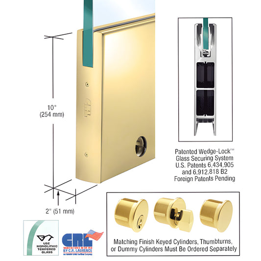 Polished brass 10in square door rail (2in) for 1/2-3/4in glass, Wedge Lock system, includes keyed lock.
