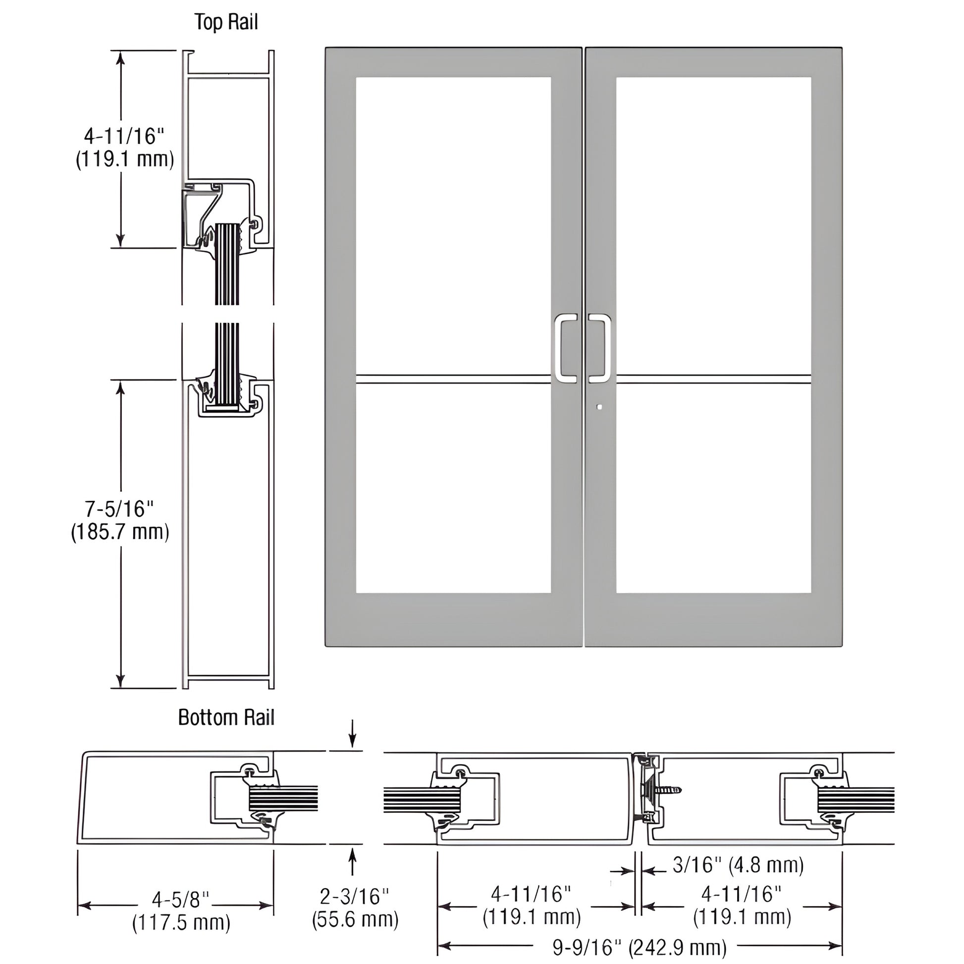 SF42811 clear-anodized impact-rated double storefront door, medium stile, hardware prepped, glazing not included