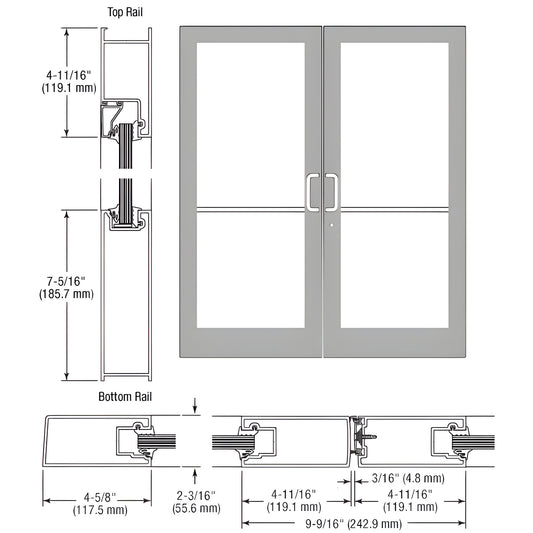 SF42811 clear-anodized impact-rated double storefront door, medium stile, hardware prepped, glazing not included