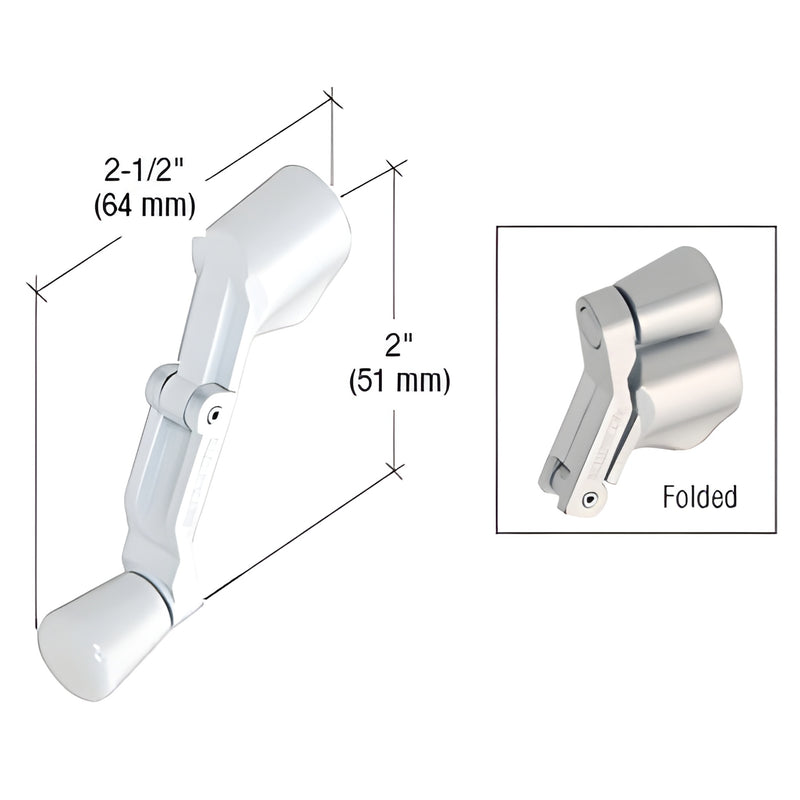 White diecast folding casement window crank handle (SKU H3962), 2" handle height, 2-1/2" protrusion, folded view.