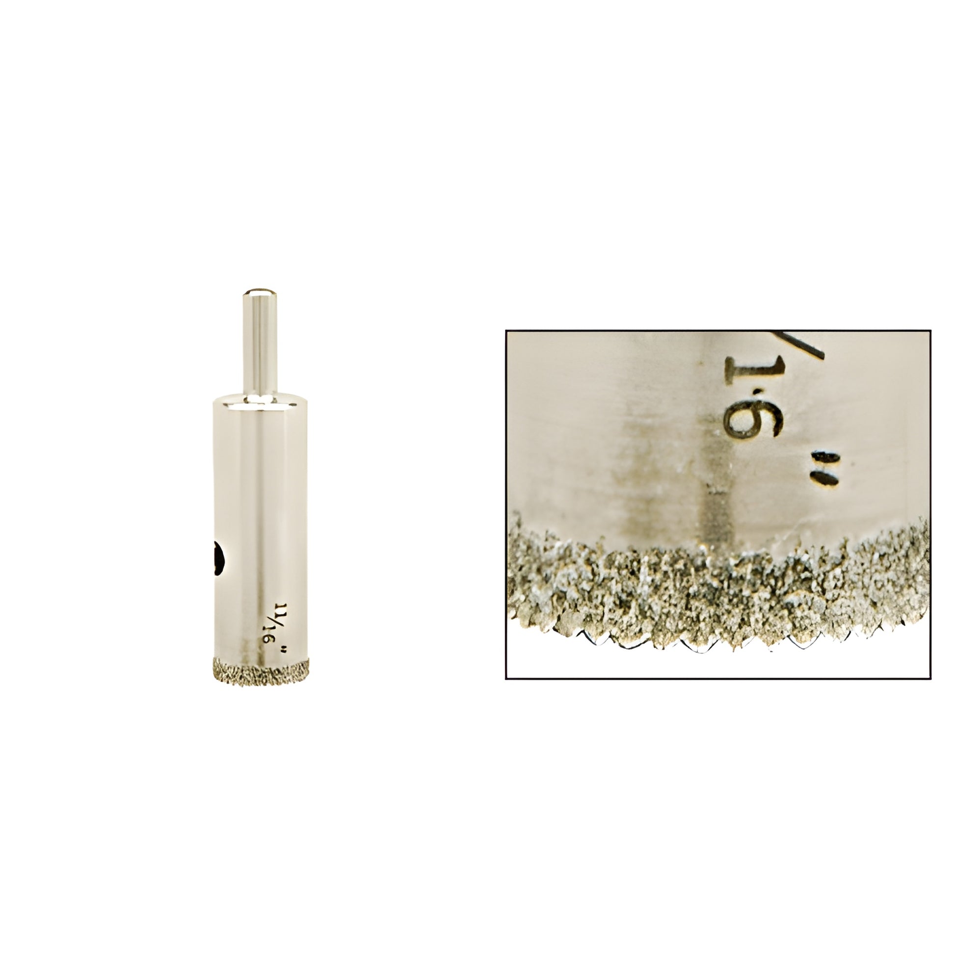 11/16" diamond-plated glass drill bit (SKU AG1116) with reduced round shank and aggressive sawtooth cutting edge.