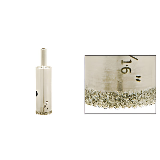 11/16" diamond-plated glass drill bit (SKU AG1116) with reduced round shank and aggressive sawtooth cutting edge.