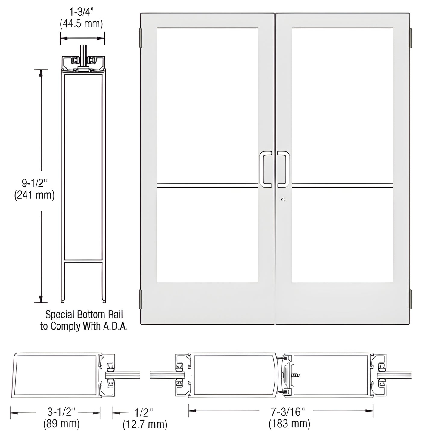 White Kynar double entrance door SKU CD42552, medium stile, glass-ready, ADA 9-1/2" bottom rail.