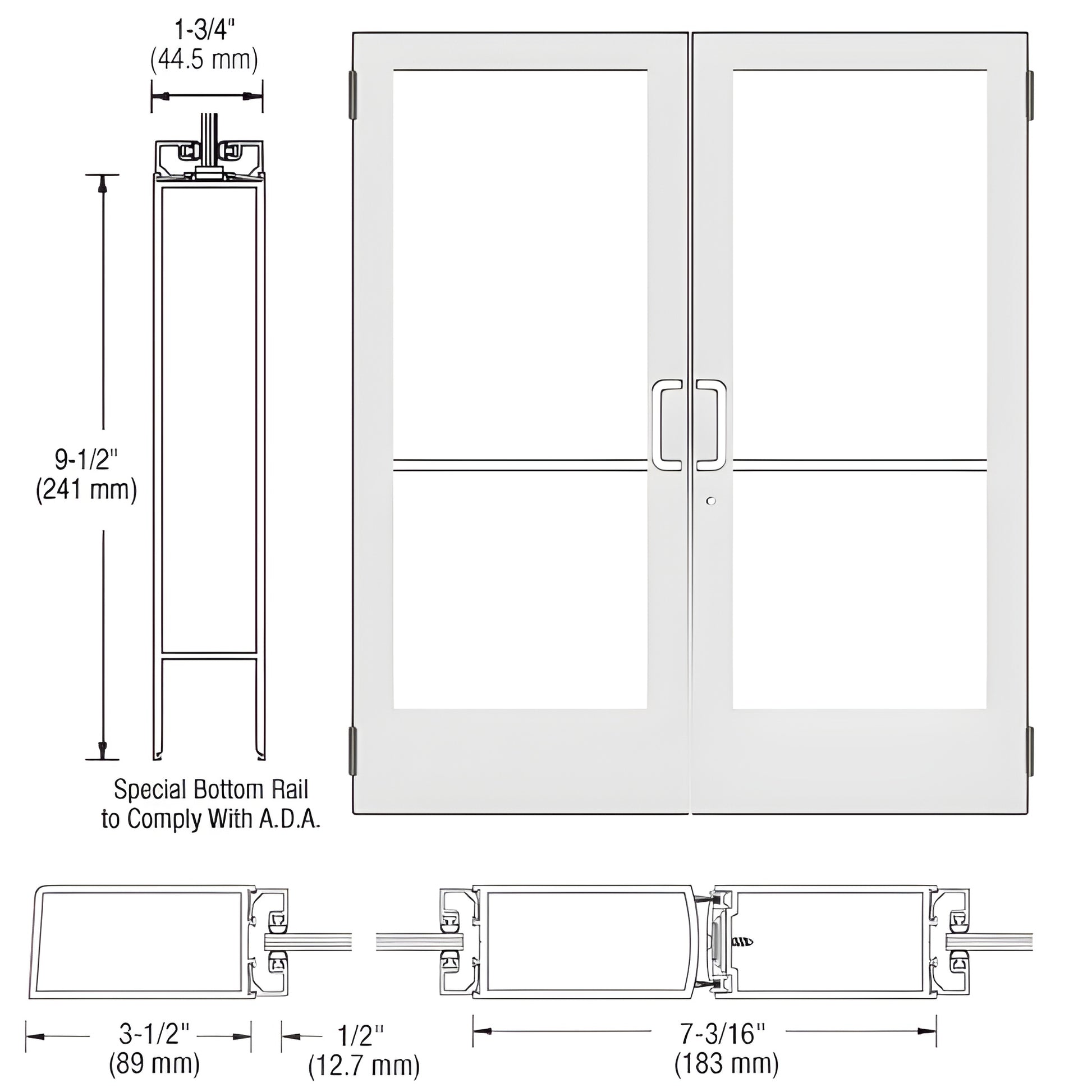 White Kynar double entrance door SKU CD42552, medium stile, glass-ready, ADA 9-1/2" bottom rail.