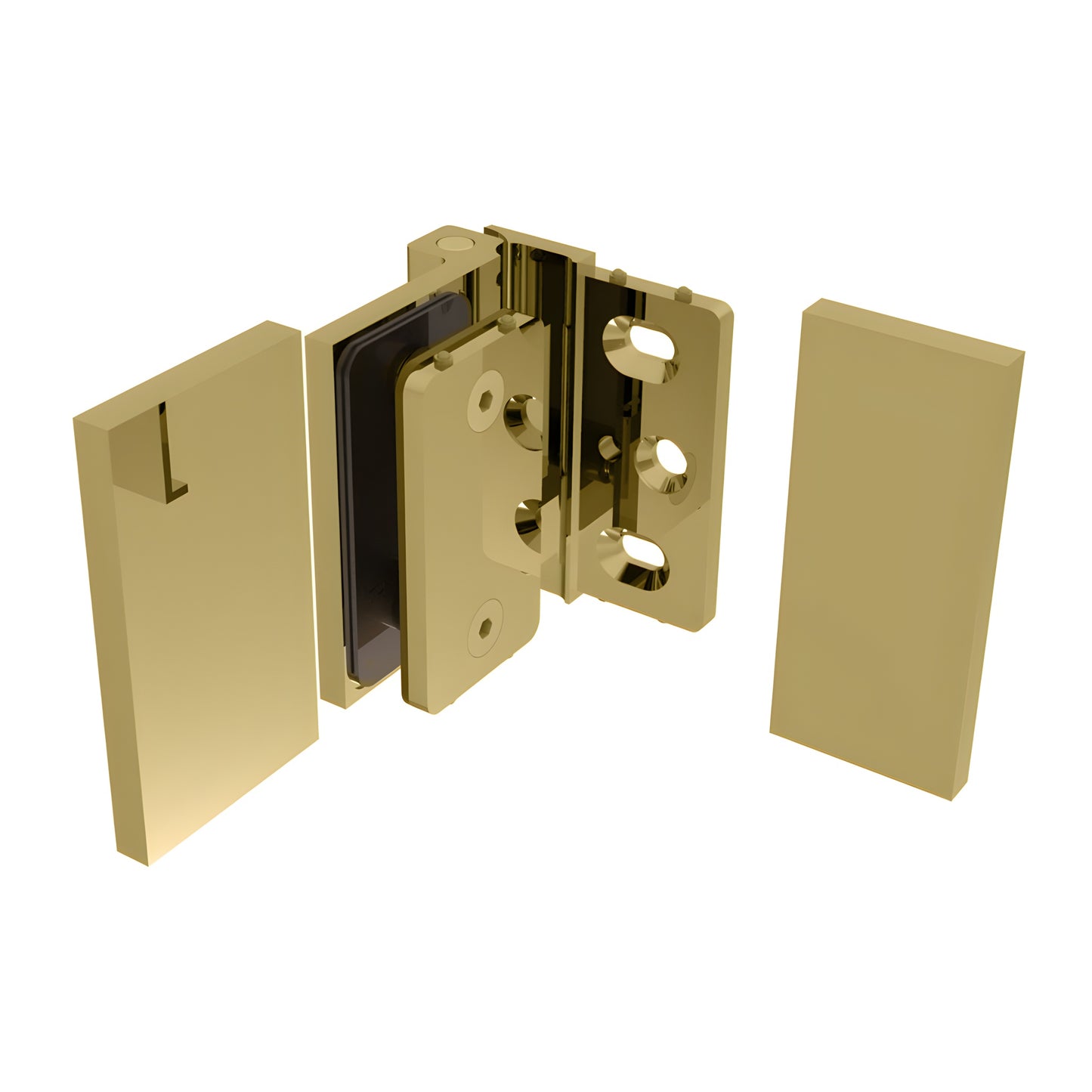 Satin brass wall-mount glass shower hinge (SKU C0M044SB), square profile for 8-10mm glass, 180 outswing.