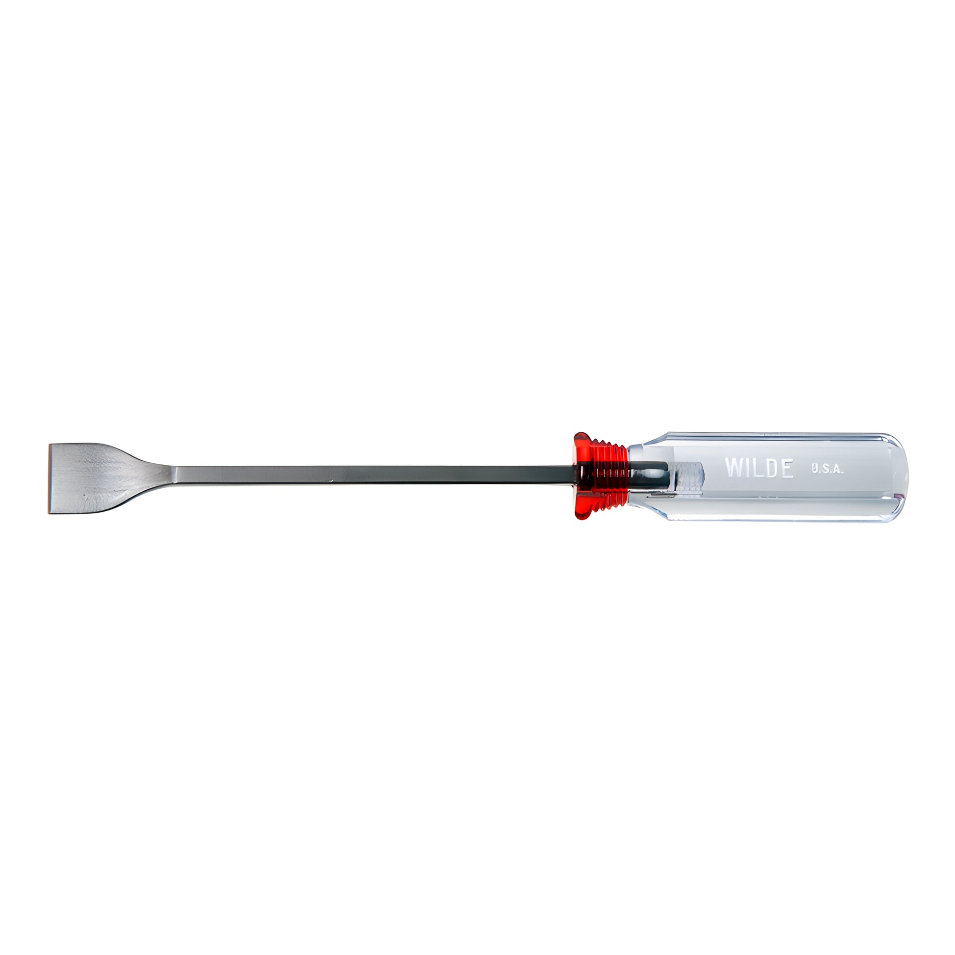 Wilde CRL Pinchweld scraper SKU 516WT - steel 15/16 beveled blade, long shaft, clear handle with red guard.