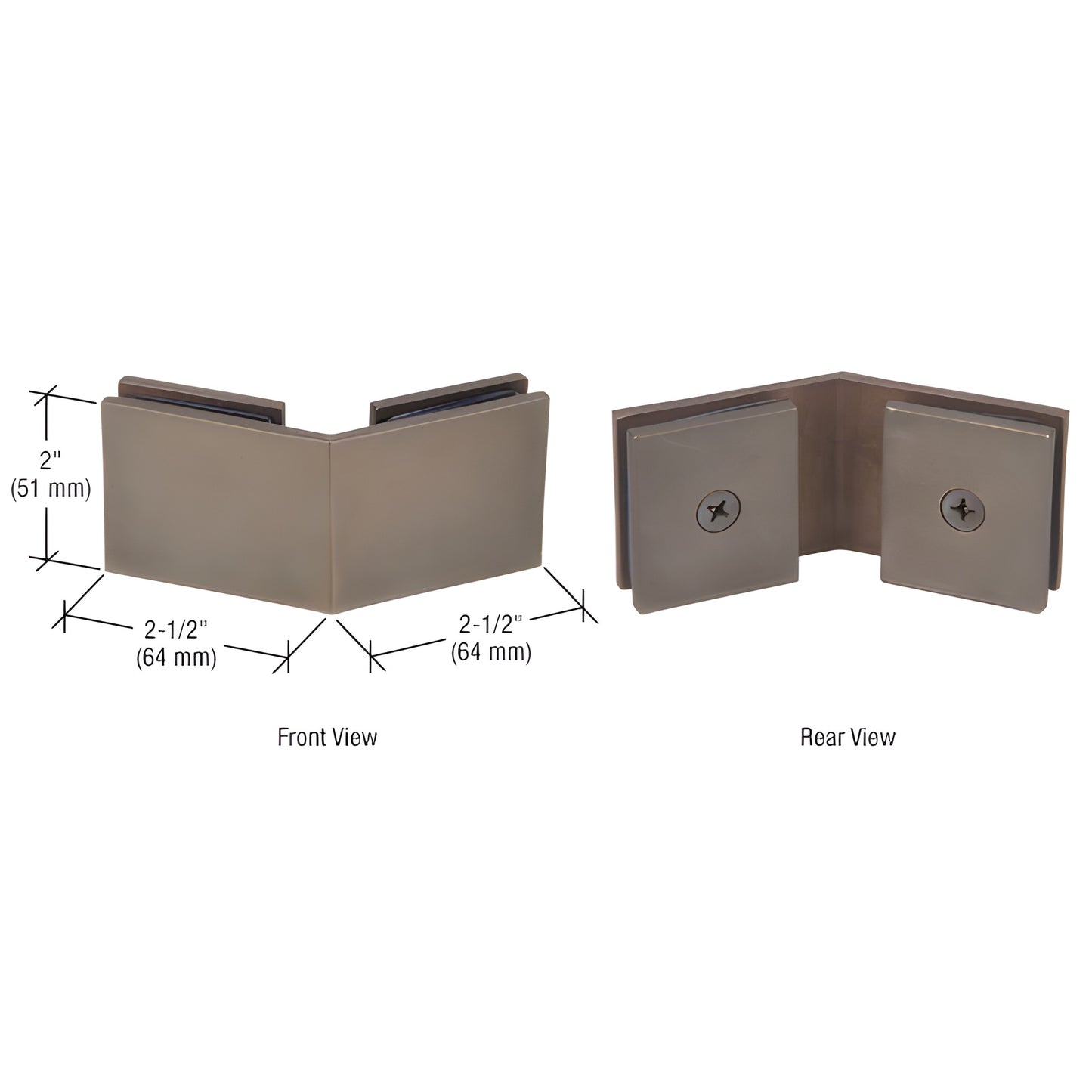 SGC1350RB oil-rubbed bronze square 135 brass glass-to-glass clamp, front and rear views, for 5/16"-1/2" tempered glass