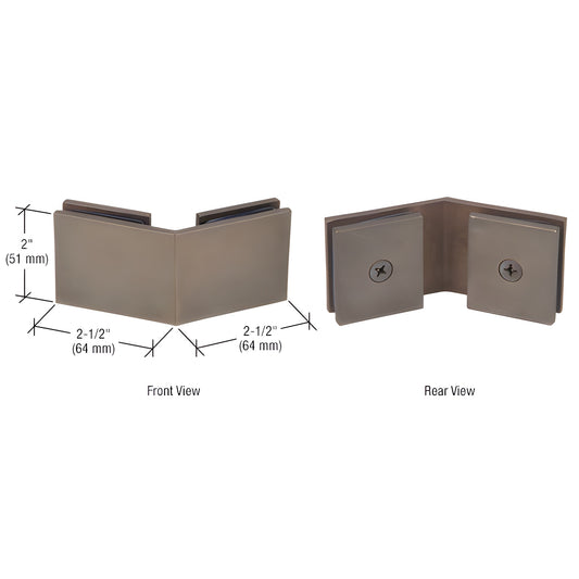 SGC1350RB oil-rubbed bronze square 135 brass glass-to-glass clamp, front and rear views, for 5/16"-1/2" tempered glass