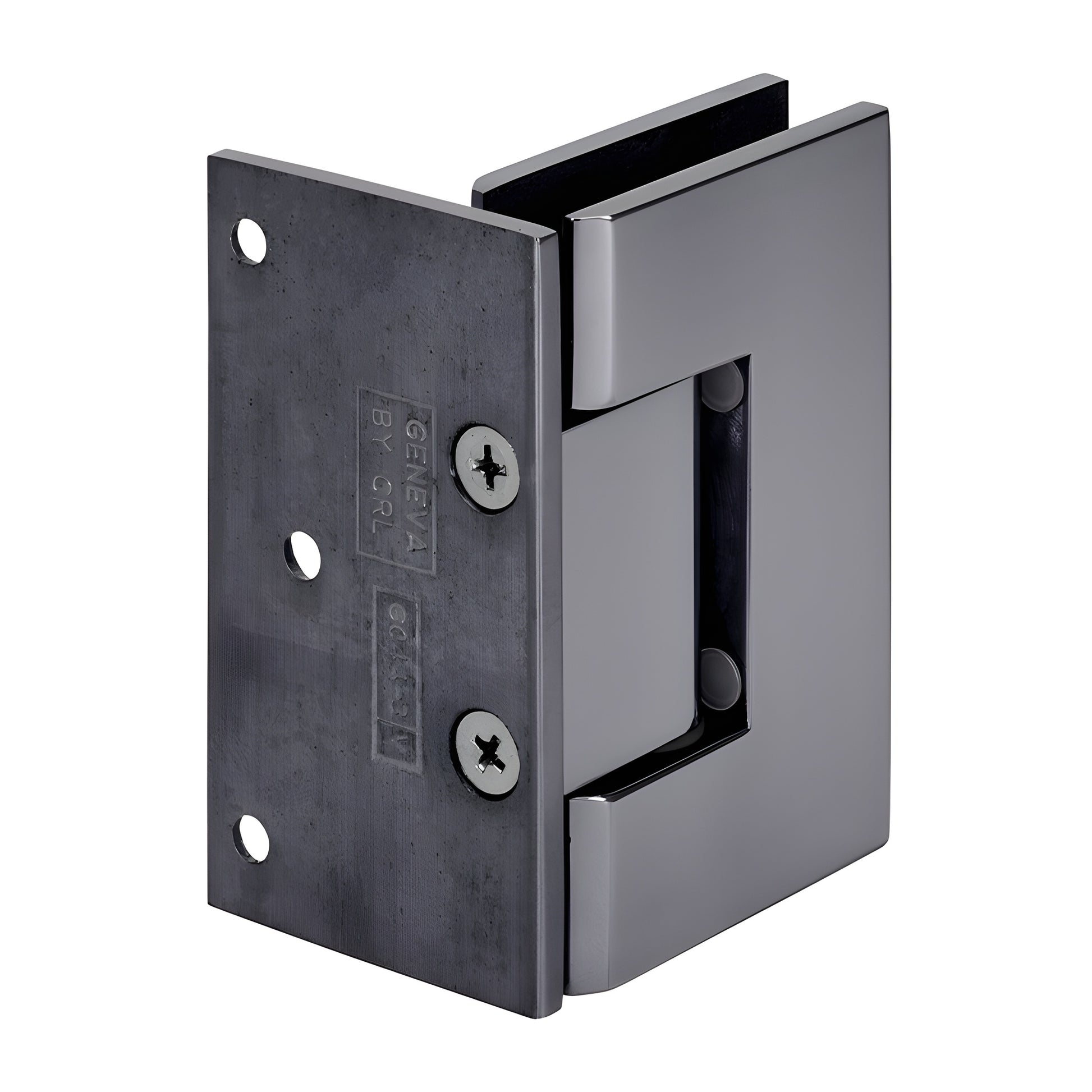 Gun metal Vienna brass shower door hinge (wall-mount offset) for 3/8-1/2" glass, squared design, SKU V1E044GM