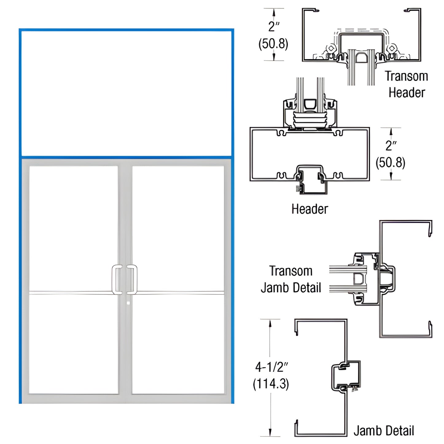 Aluminum transom frame with transom header, open-back jambs and threshold, 2" x 4 1/2" profile - SKU 0B92571