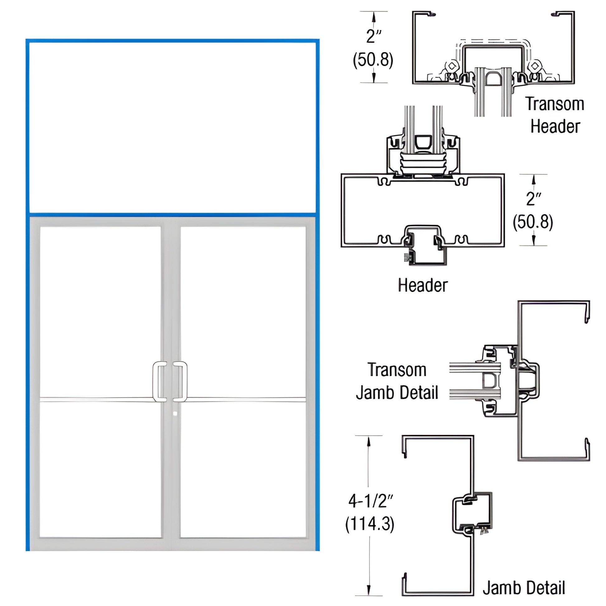 Aluminum transom frame with transom header, open-back jambs and threshold, 2" x 4 1/2" profile - SKU 0B92571