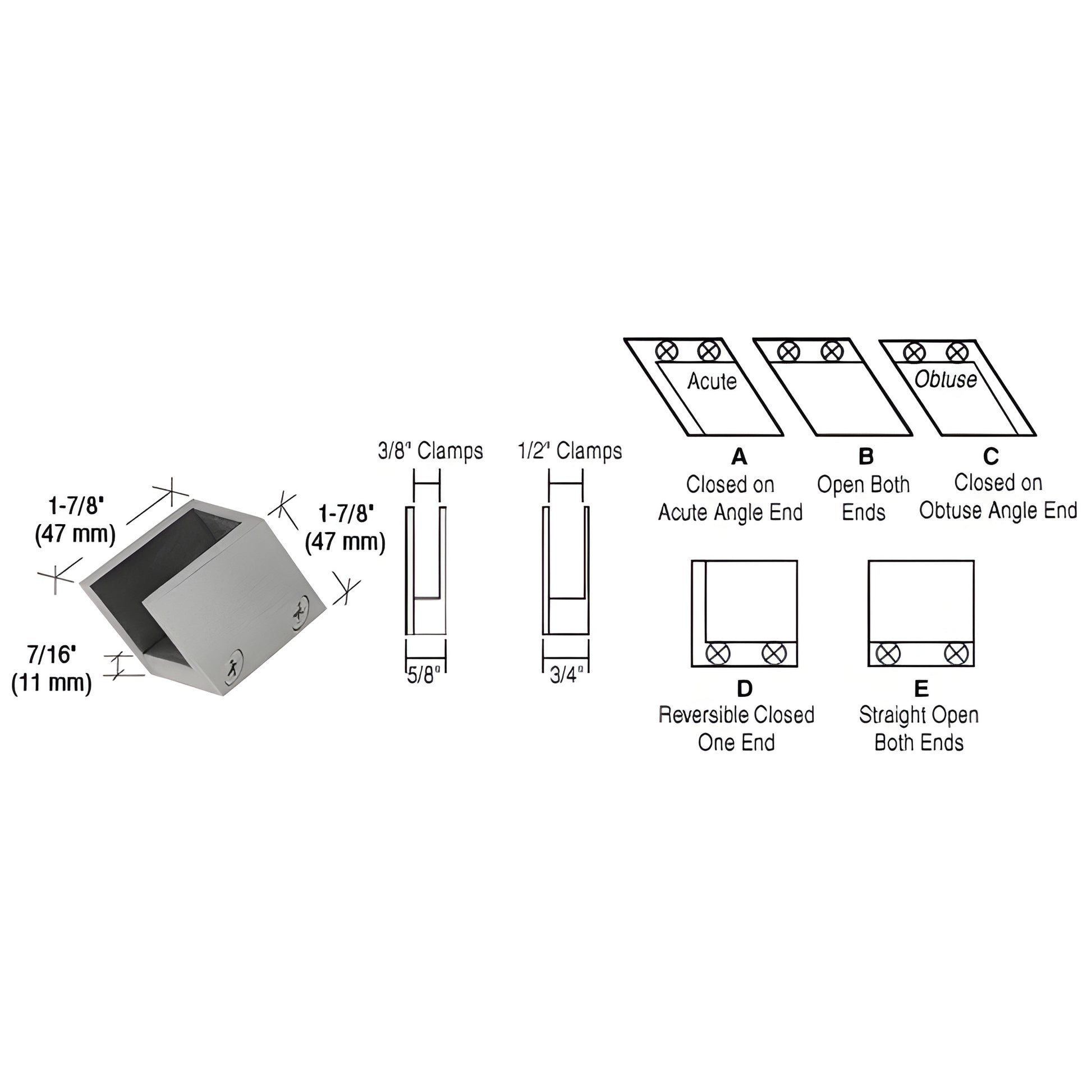 RH3312BN brushed-nickel 52 open-center slanted glass clamp, solid brass, fits 1/2" tempered glass, 1-7/8" square.
